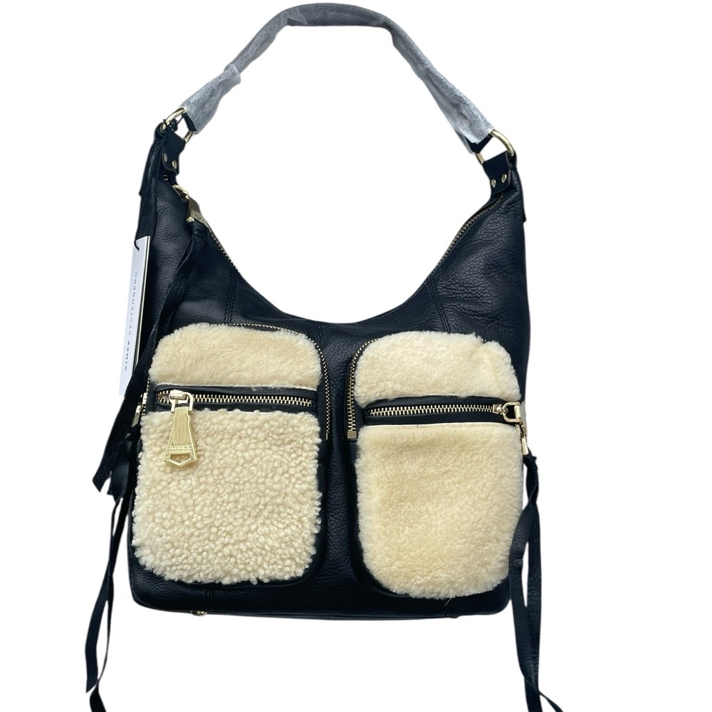 Aimee Kestenberg Car-Go Black Leather Hobo‎ Bag, Shearling Pockets, NWT